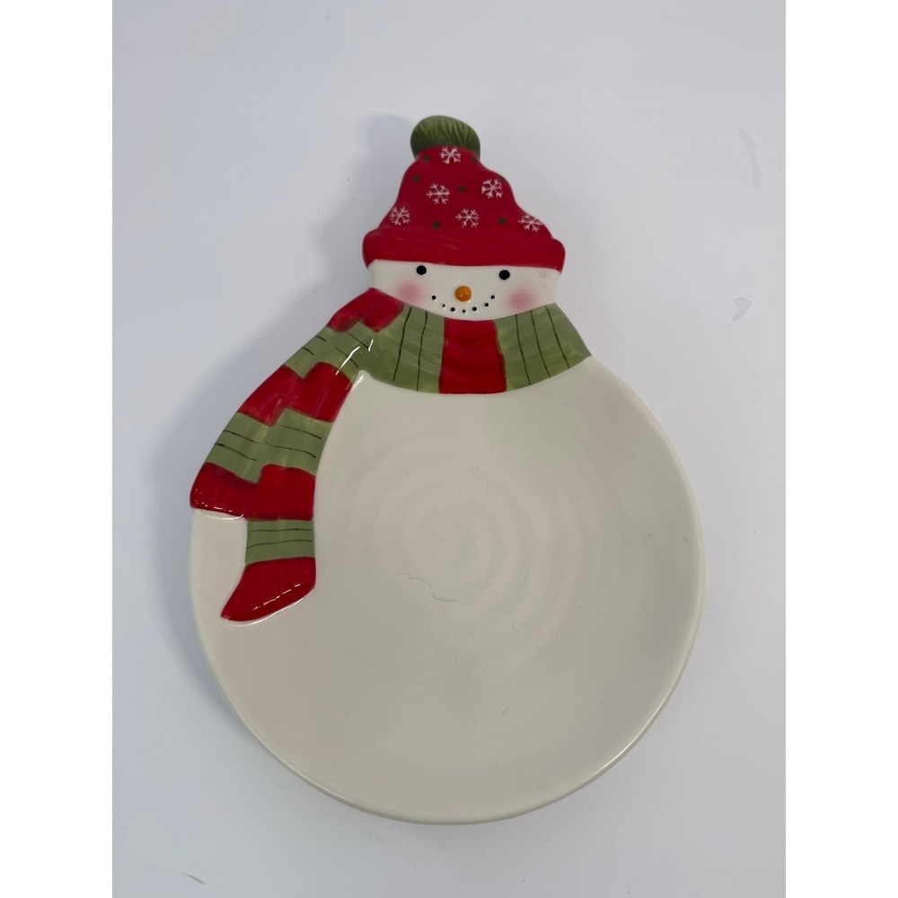 Hallmark Christmas Snowman Ceramic Spoon Rest Red Green Scarf Holiday Kitchen